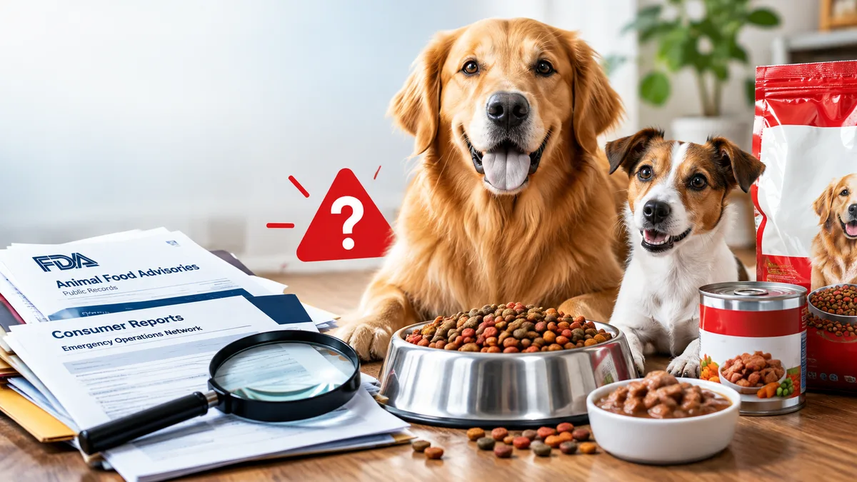 Golden retriever and Jack Russell terrier beside dog food bowls and FDA advisory documents — the viral Beneful dog food safety alerts explained.