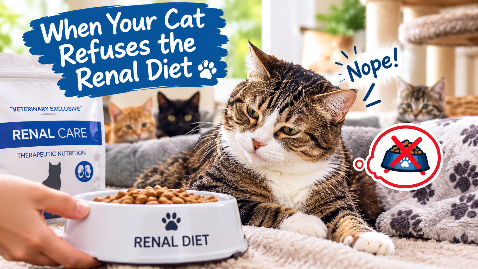 A cat turning away from a bowl of renal diet food — the CKD nutrition challenge.