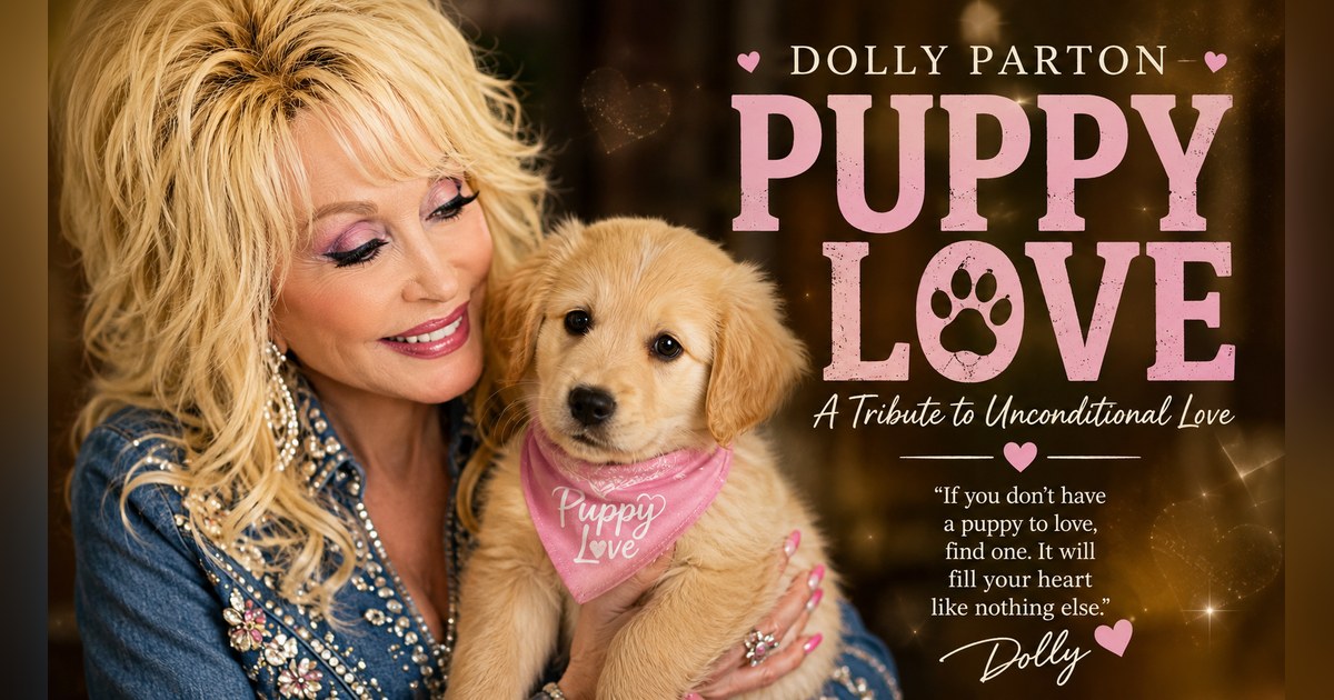 Fan-made AI tribute illustration of Dolly Parton holding a golden retriever puppy in a pink Puppy Love bandana.