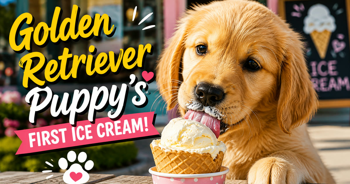 Golden retriever puppy licking vanilla ice cream from a pink cup, eyes wide