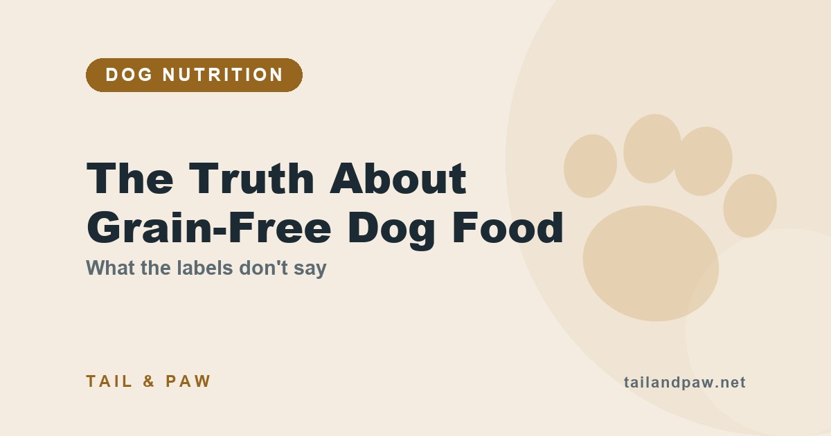 Ingredient labels of grain-free vs grain-inclusive dog food spread on a wooden table, a vet's hand pointing at the panel.