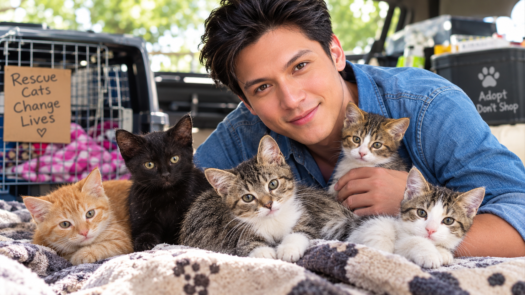 Joseph Marco, the Filipino actor known as 'hot cat daddy,' with rescued cats — representing his animal welfare advocacy across the Philippines.