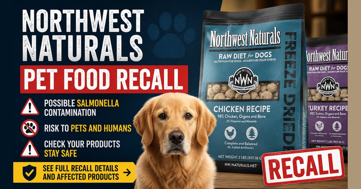 Recall alert graphic showing Northwest Naturals raw dog food bags with a warning banner about Salmonella contamination.