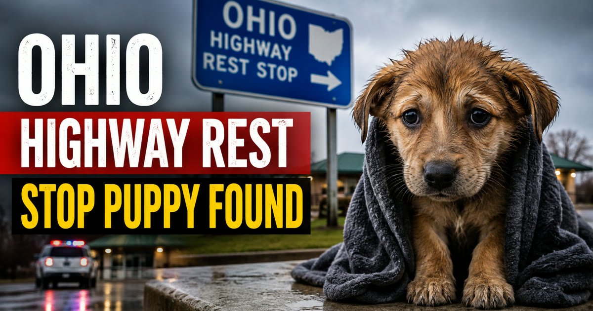 Wet puppy wrapped in a blanket at an Ohio rest stop, patrol car in the background