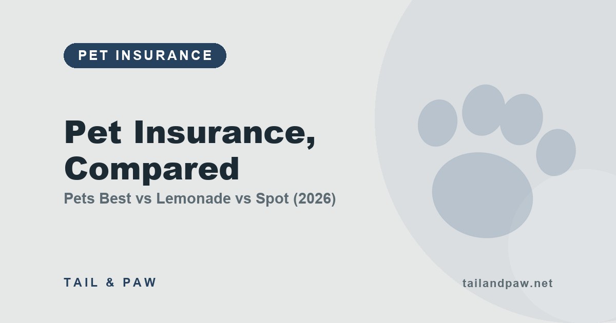 Three pet insurance cards laid on a table — Pets Best, Lemonade, Spot — one highlighted with a pen circling it.