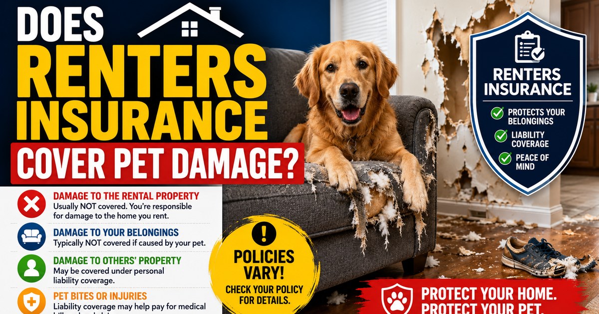 A golden retriever on a shredded couch next to chewed drywall, with a renters insurance coverage checklist graphic.