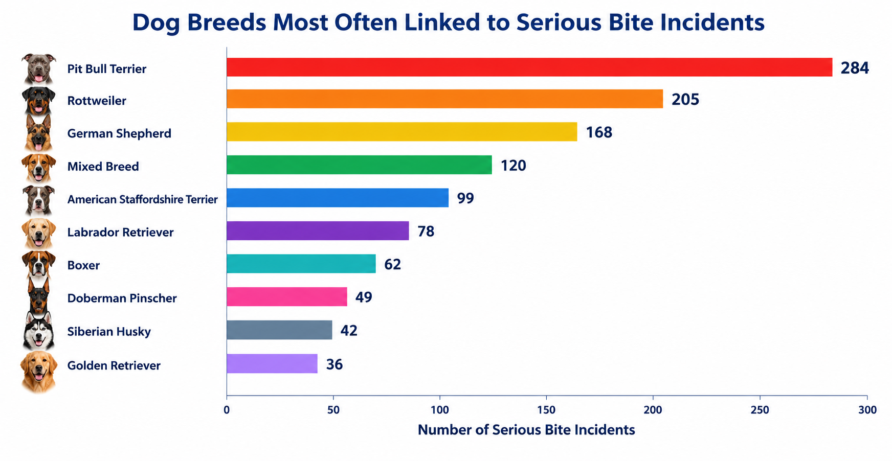 Most dangerous dogs chart ranking breeds by serious bite incidents: Pit Bull Terriers 284, Rottweilers 205, German Shepherds 168, Mixed breeds 120, American Staffordshire Terriers 99
