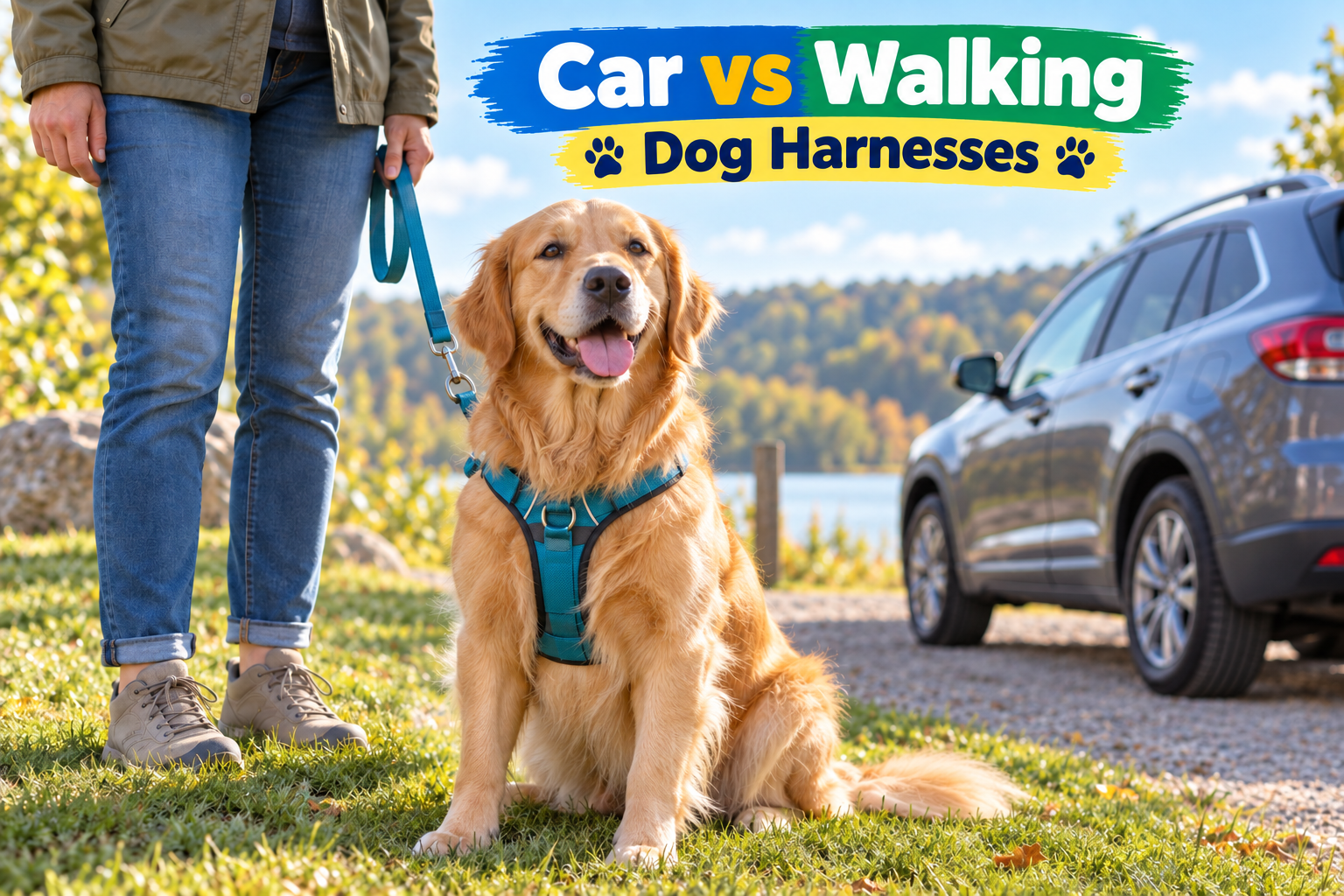 Dog in a teal walking harness beside an owner and a parked car; car harness vs walking harness illustration.