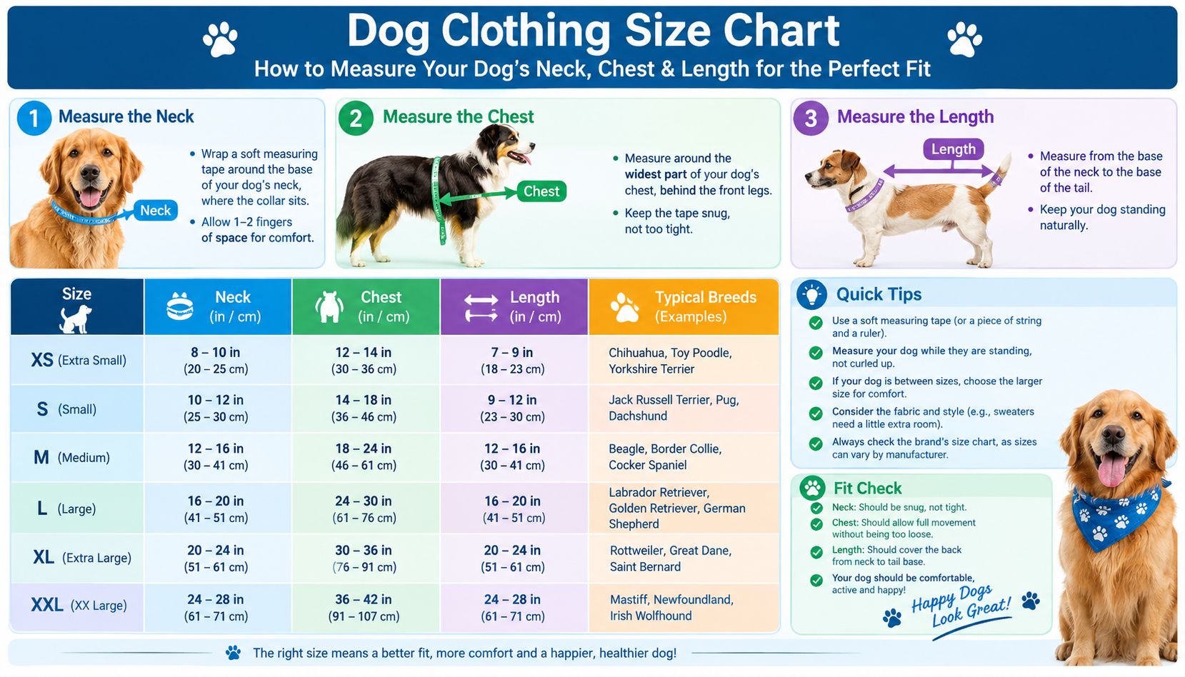 Dog Clothing Size Chart: how to measure a dog for clothing with neck girth, chest girth, and back length diagram