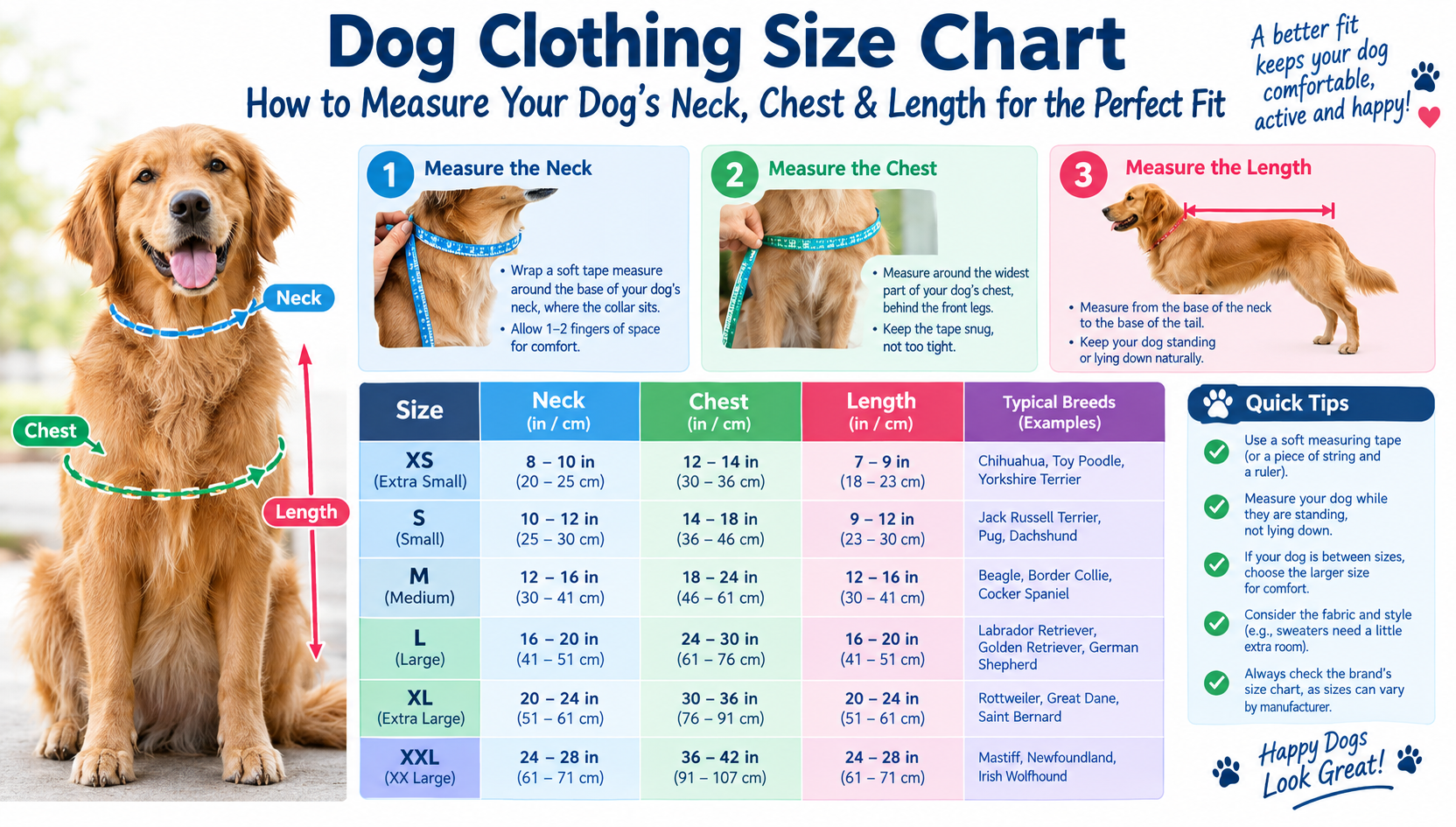 Dog Clothing Size Chart: showing how to measure neck girth, chest girth, and back length for proper fit across dog breeds including Pug, French Bulldog, Corgi, and Dachshund