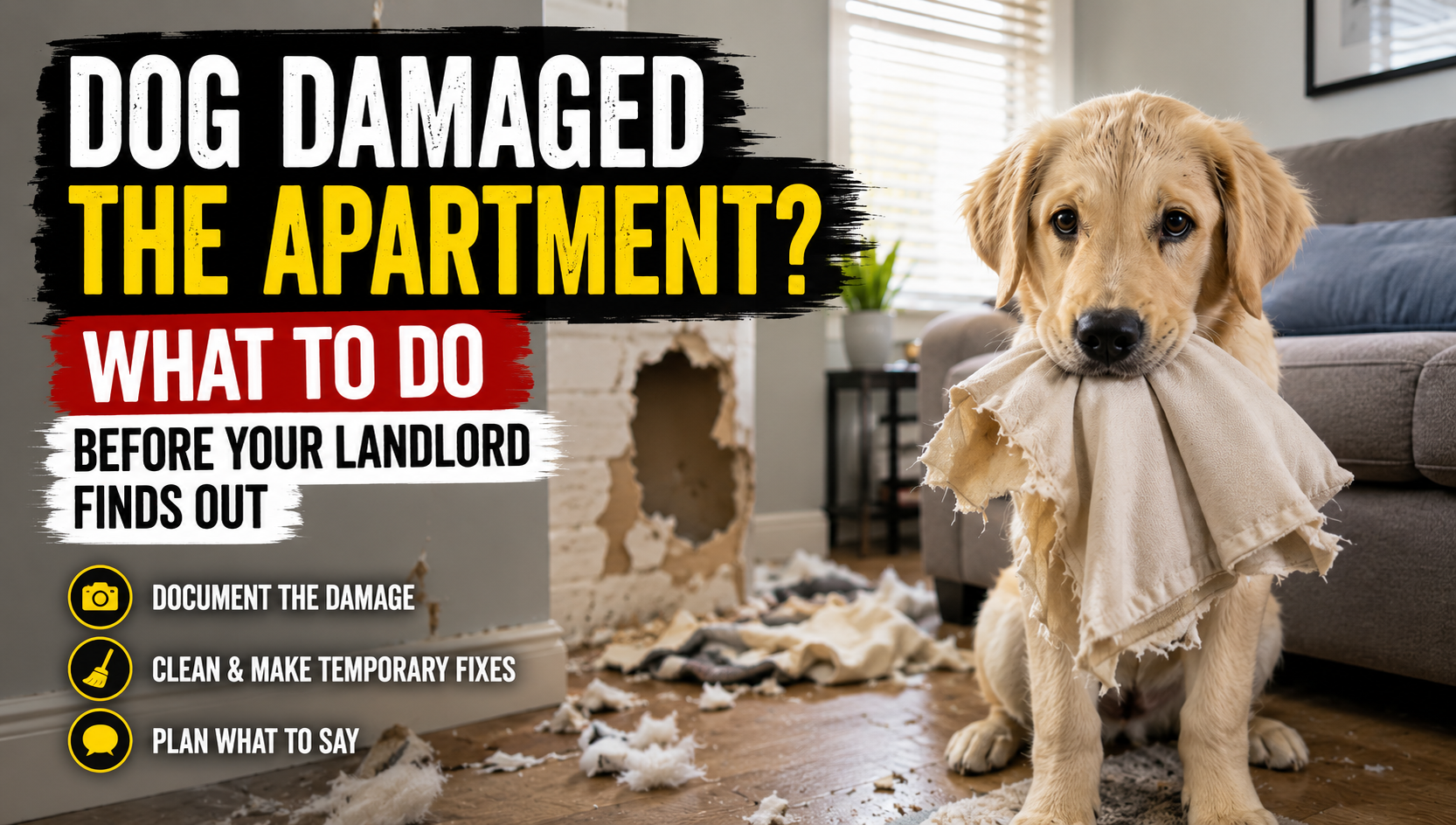 A landlord's-eye view of a rental with chewed baseboard and a stained carpet, with a renter holding a phone full of timestamped damage photos.