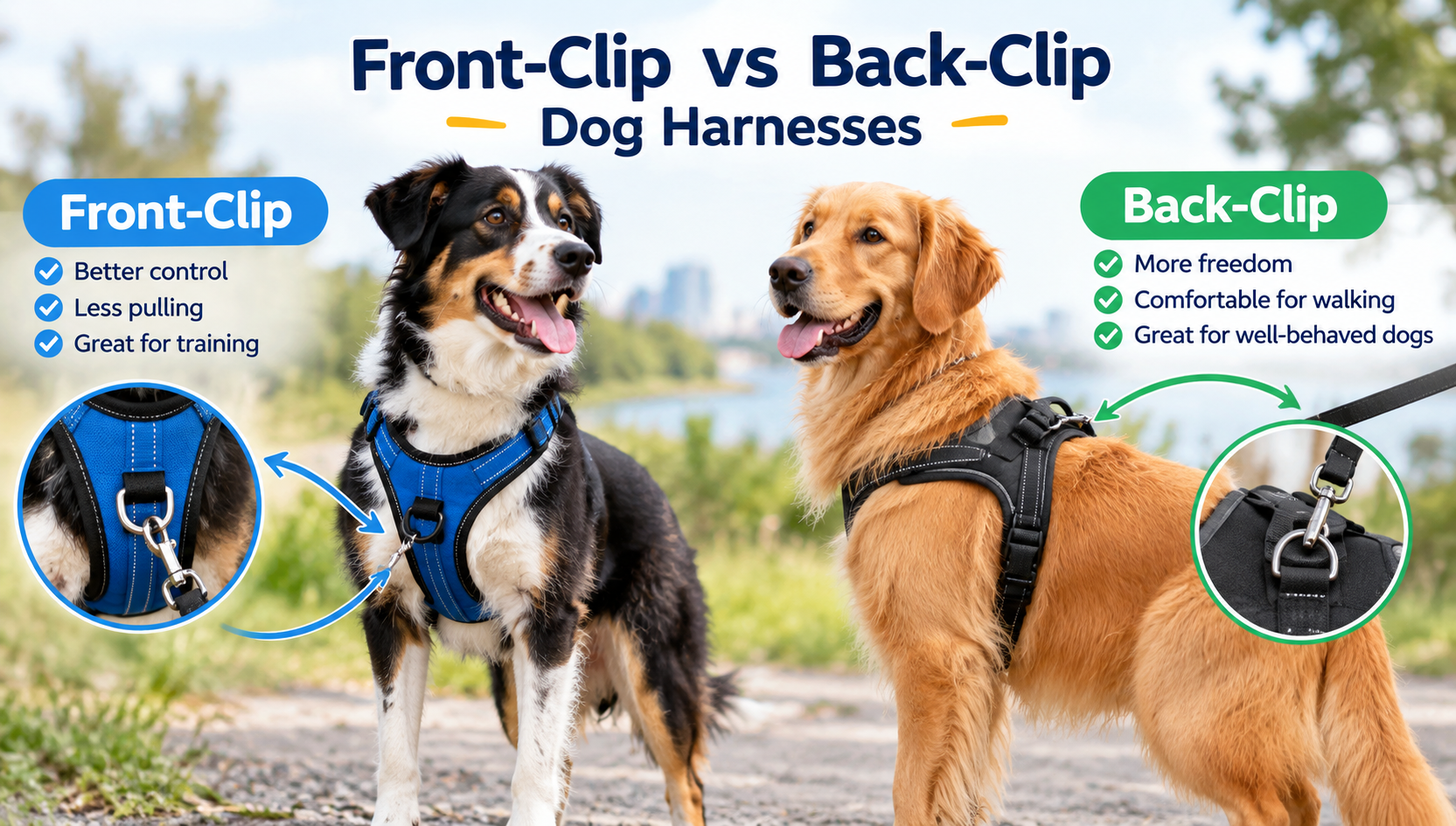 Front-Clip vs Back-Clip Dog Harnesses: chest and back leash attachment comparison.