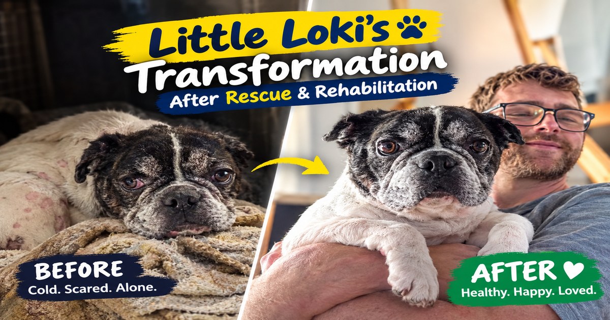 Little Loki the rescue dog after his transformation from severe neglect to confident companion, showing his joyful personality.