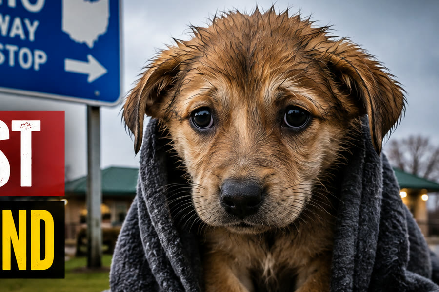 Wet puppy wrapped in a blanket at an Ohio rest stop, patrol car in the background