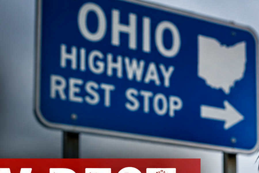 Blue Ohio Highway Rest Stop sign along Interstate 71