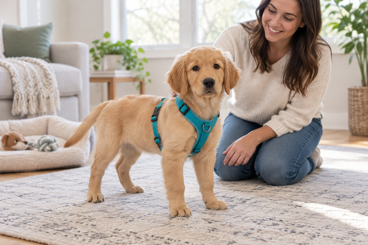 Puppy wearing an adjustable teal walking harness beside a caregiver indoors.