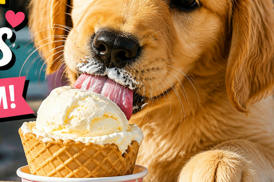 Close-up of a golden retriever puppy's tongue on a melting scoop of vanilla ice cream in a waffle cone
