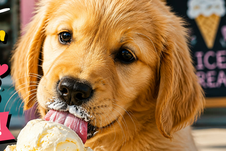 Golden retriever puppy licking a scoop of vanilla ice cream, eyes wide
