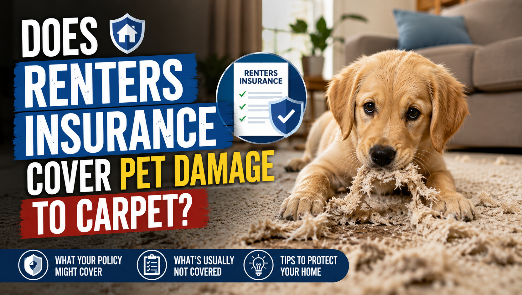A stained and chewed carpet in a rental unit next to a renters insurance policy document, with a coverage decision checklist.
