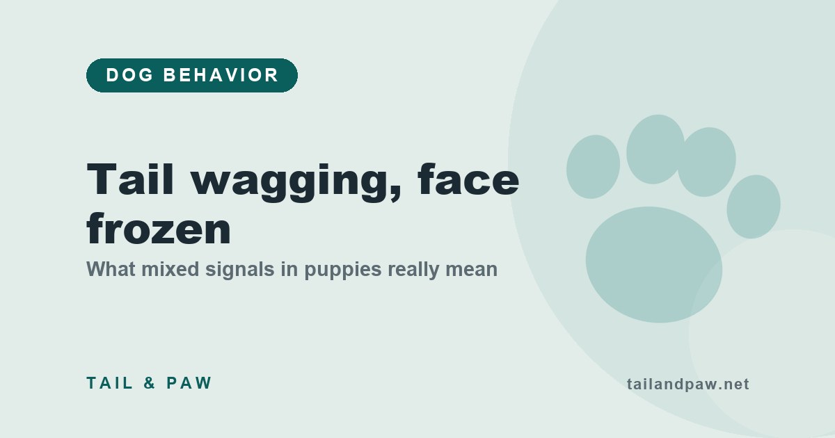 Graphic: a wagging tail with a frozen face and stiff body means a conflicted, fearful puppy, not a happy one