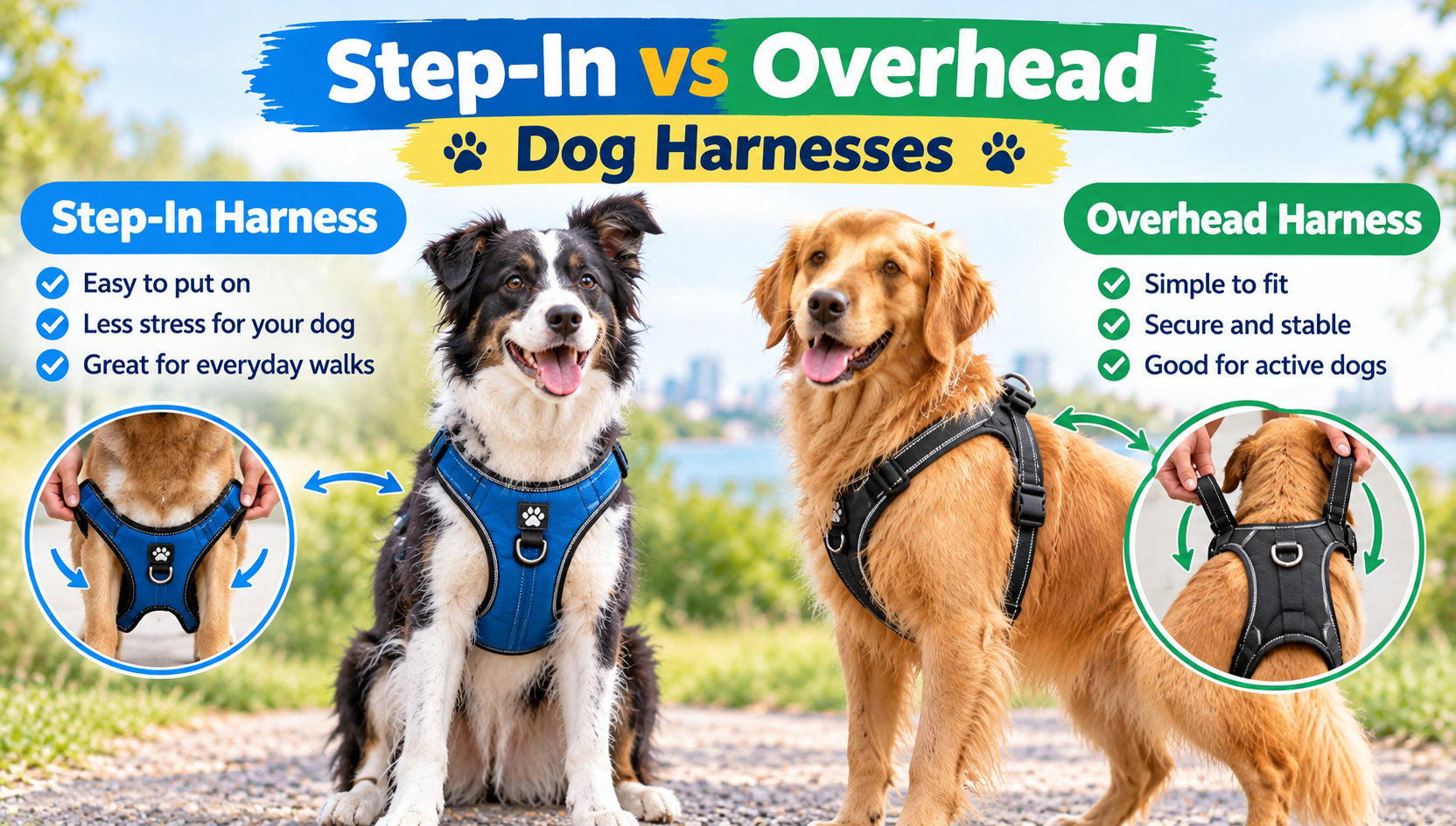 Step-In vs Overhead Dog Harnesses: a Border Collie in a blue step-in harness beside a Golden Retriever in a black overhead harness.